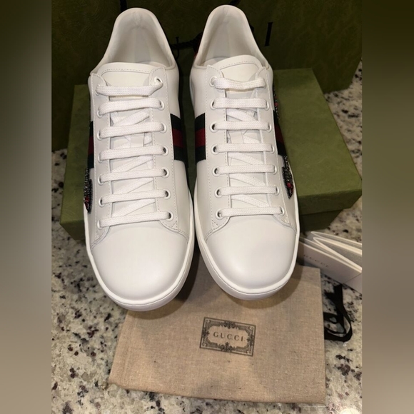 Gucci Shoes - Gucci White Sneakers with Green and Red Stripes